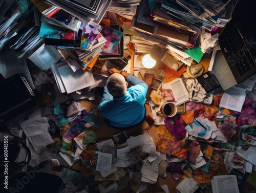 Stress at work. An overhead shot of a stressed business man surrounded by stacks of paperwork. Generative AI photo