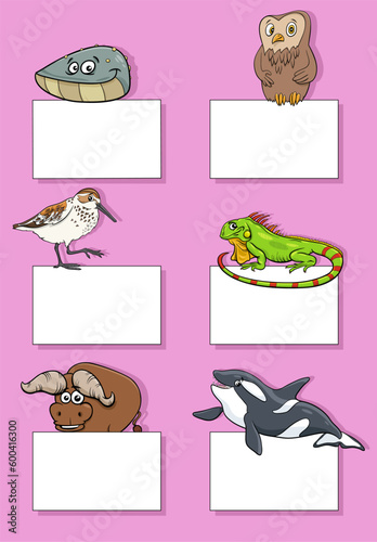 cartoon wild animals with cards or banners design set