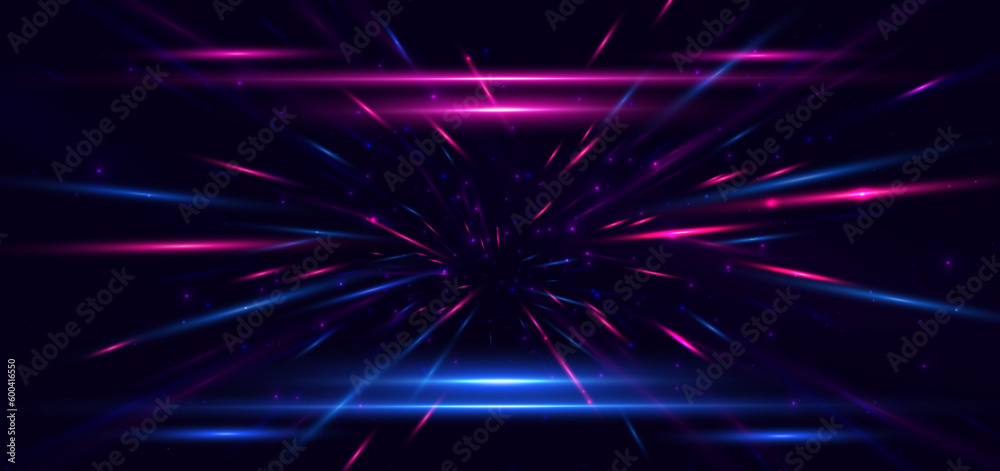 Abstract technology futuristic neon glowing blue and pink light lines with speed motion blur effect on dark blue background.