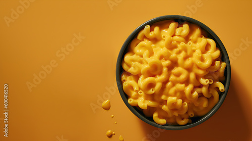Mac and cheese, macaroni pasta in cheesy sauce - American style, top view, ai illustration 