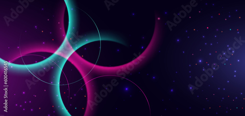 Abstract technology futuristic neon circle glowing blue and pink lines with sprakle effect on dark blue background.