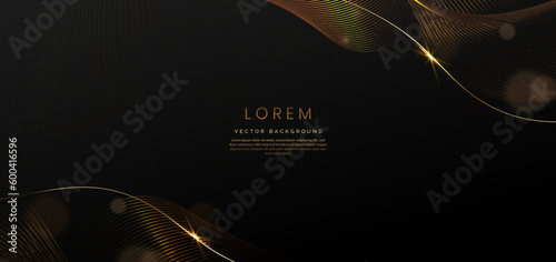 Abstract luxury golden lines curved overlapping on black background. Template premium award design.