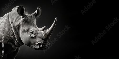 Black and white photorealistic studio portrait of an African Rhino on black background. Generative AI illustration