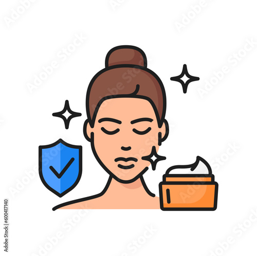 Face skin care and protection cream line icon. Woman face skin moisturizing lotion, cosmetics product or dermatology treatment outline vector icon. Skincare, anti aging or whitening cream jar symbol