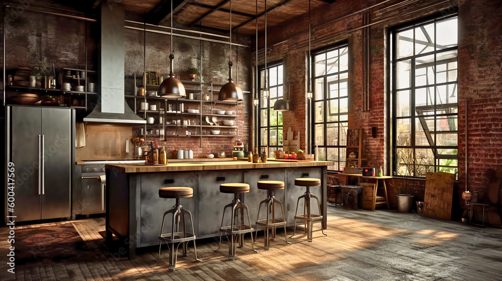 An oversized industrial kitchen island with rough wood textures ...