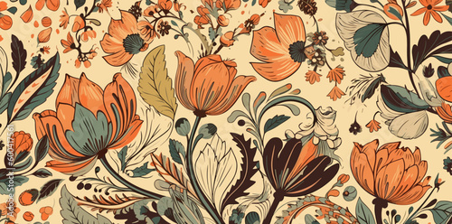 red and orange flowers pattern fabric in the style of light beige and orange, fauvist, 20th century, vintage aesthetics, embroidery, adaptive vector high quality improved generative ai #1
