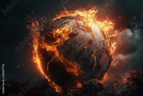 Apocalyptic globe bursting in flames against textured backdrop, digitally-created. Generative AI