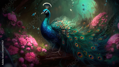 Small charming flower peacock in an enchanted forest, in the style of a magical animal, fantasy art. © keks20034