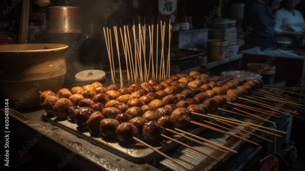 Mitarashi dango - skewered dumplings made from rice flour and covered in sweet soy sauce, often sold at street vendors. Generative AI Art Illustration Mitarashi dango - skewered dumplings made from rice flour and covered in sweet soy sauce, often sold at street vendors. Generative AI Art Illustration
