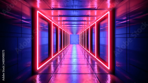 An illuminated corridor tunnel was lit up in a combination of red and blue neon light - generative ai.