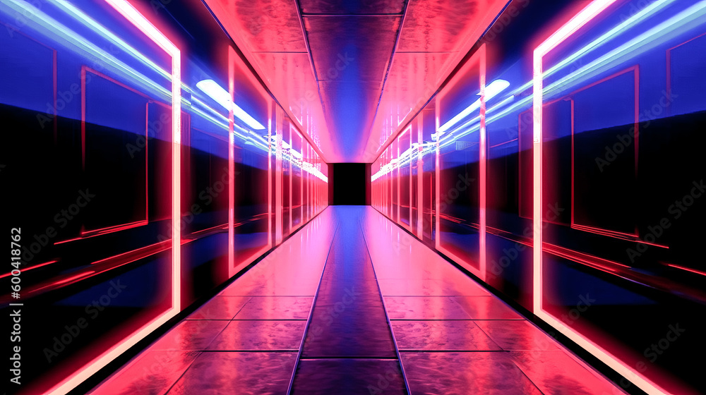 A corridor illuminated with neon lights was illuminated in red and blue. - generative ai.\n