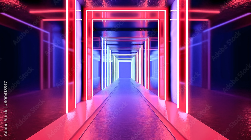 A corridor illuminated with red, blue, and neon light was illuminated - generative ai.