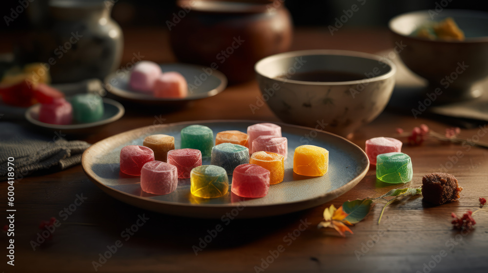 Higashi - small, dry, colorful sweets often served with tea. Generative AI Art Illustration Higashi - small, dry, colorful sweets often served with tea. Generative AI Art Illustration