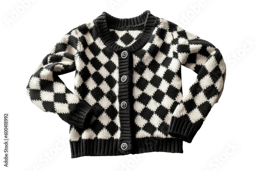 Black And White Checkered Cardigan For Girl. On Isolated Transparent Background, Png. Generative AI