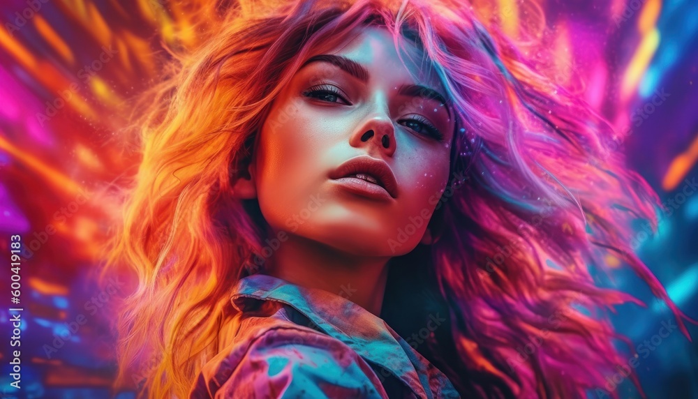 Radiant colors, woman. Striking low-key image, portrait. Beautiful illustration picture. Generative AI