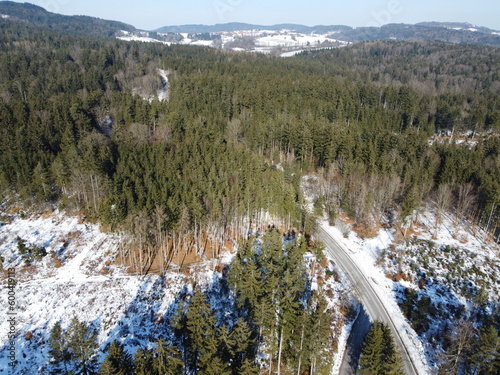 Winter landscape in Bavaria with the drone an aerial photograph