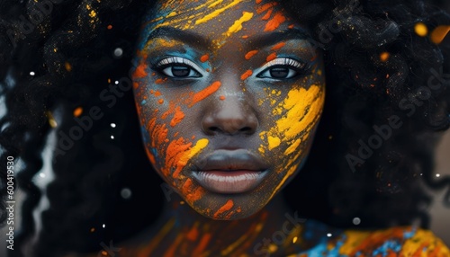 Stylish black woman with afro. Striking low-key image, radiant colors, portrait. Beautiful illustration picture. Generative AI