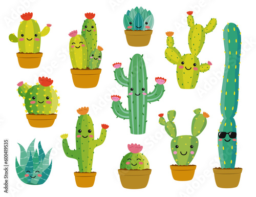 Vector illustration set of funny cactus characters in cartoon style isolated on white background