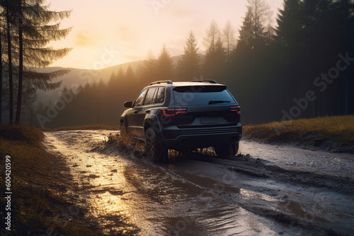 A black SUV car at speed driving into a puddle with mud on a woodland road on sunset, ai generative