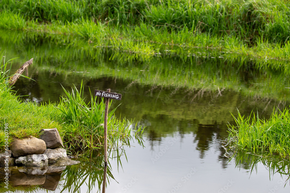 No fishing sign in river with lush green riverbank No fishing sign in river with lush green riverbank