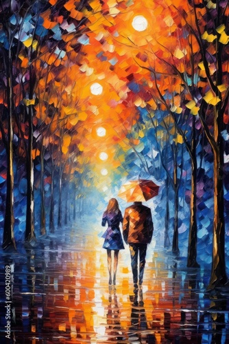 Magical landscape. Couple walking, autumn time, night. Beautiful illustration picture. Generative AI