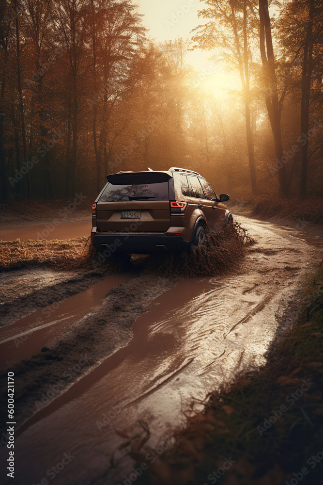 A black SUV car at speed driving into a puddle with mud on a woodland  road on sunset, ai generative