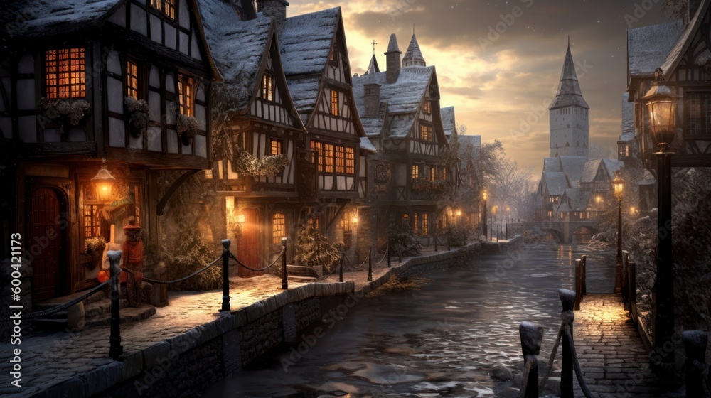 Medieval fantasy village, gothic architecture. Beautiful illustration picture. Generative AI
