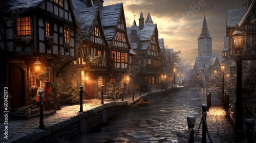 Medieval fantasy village, gothic architecture. Beautiful illustration picture. Generative AI © standret