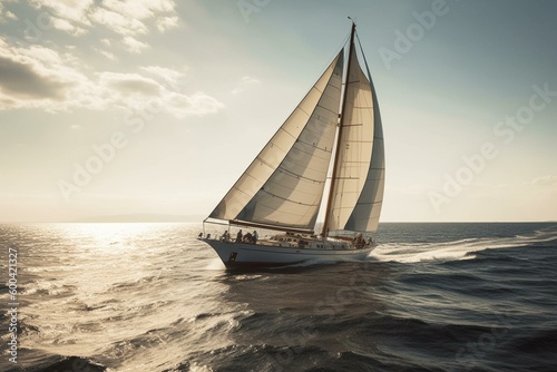 High-end boat sailing on the ocean. Generative AI © Seren