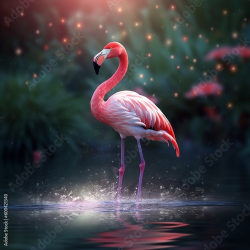 Graceful Pink Flamingo Wading in Water. Generative AI