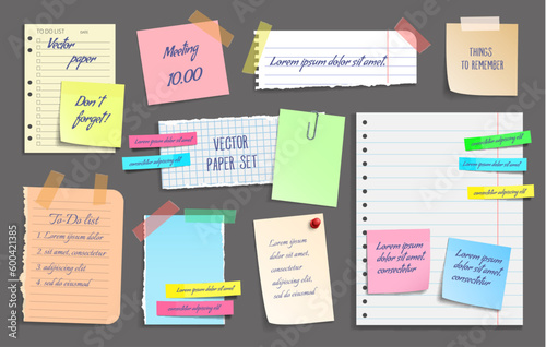 Paper notes, stickers, sticky sheets and tapes, vector notebook scrap memos. Torn paper tags on adhesive tape, message card frames and copybook page notes for memos on sticky notepaper and pins