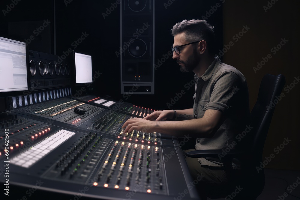 Mixing engineer working in the recording studio. Beautiful illustration picture. Generative AI Mixing engineer working in the recording studio. Beautiful illustration picture. Generative AI