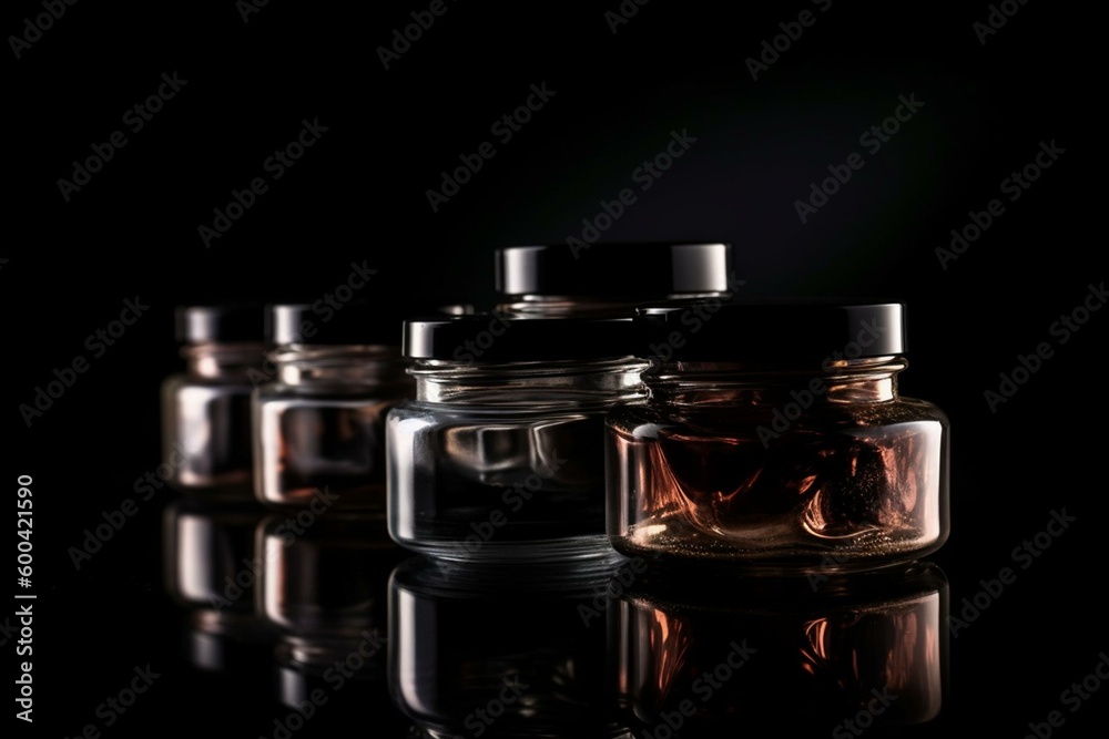 Cosmetic jars on a dark backdrop. Generative AI