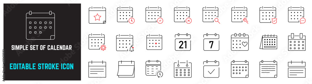 Simple Set of Calendar Editable Stroke Line Icons, Contains such Icons as Notification, Processing, Heart, Appointment, Settings, Log, Working Schedule and more. Set of calendar symbols in line vector Simple Set of Calendar Editable Stroke Line Icons, Contains such Icons as Notification, Processing, Heart, Appointment, Settings, Log, Working Schedule and more. Set of calendar symbols in line vector