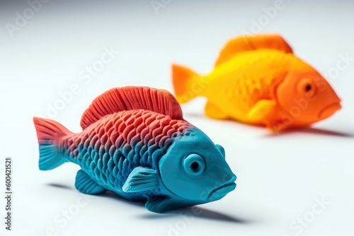 Fish Made Of Plasticine On White Background. Generative AI photo