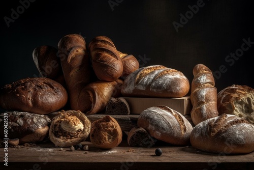 Variety of baked breads on dark background. Generative AI