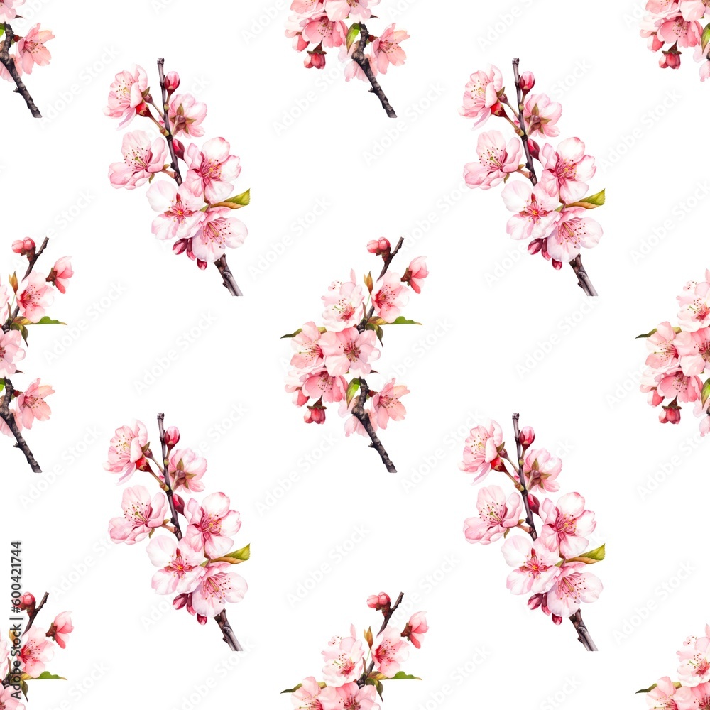 Seamless pattern with branches of sakura flowers on white background. Generative AI. Seamless pattern with branches of sakura flowers on white background. Generative AI.