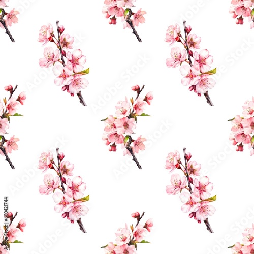 Seamless pattern with branches of sakura flowers on white background. Generative AI.