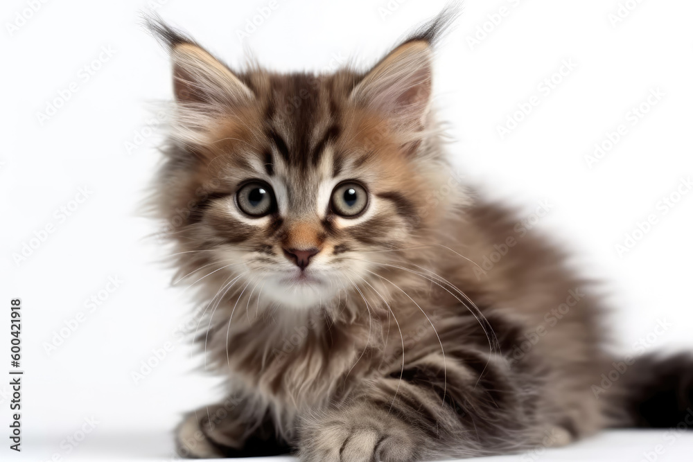 Fototapeta premium Siberian Kitten On White Background. Generative AI