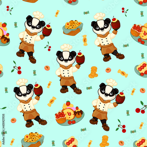 Vector seamless pattern with sweets, pastries and berries. Cakes and biscuits on coasters, cookies with crumbs, croissants, chocolate muffins hand drawn seamless background