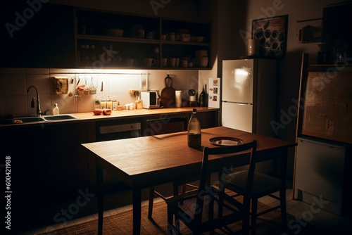 Room with table & fridge. Generative AI