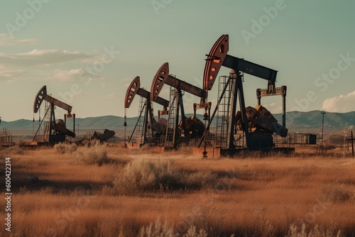 Oil pumps in rural area for oil and gas production. Generative AI