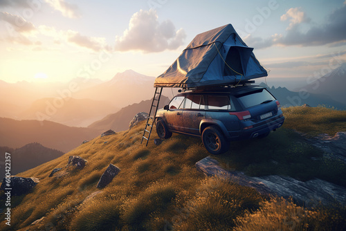 Car camping tent on the rooftop of an SUV in mountains on sunset, tourism and vacation, AI Generative © Viktoriia