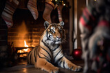 Tiger Sitting In Fireplace With Christmas Stocking Hung Up And Christmas Decorations. Generative AI