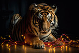 Tiger Holding String Of Christmas Lights And Helping Decorate Christmas Tree. Generative AI