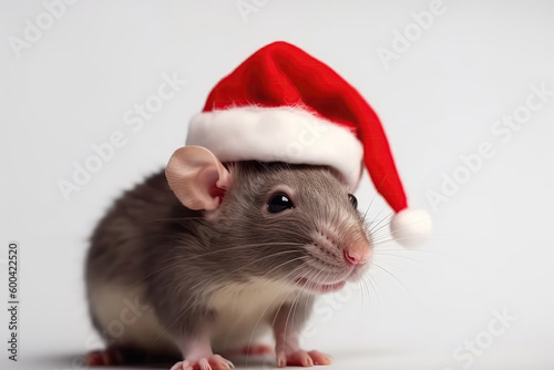 Rat Wearing Santa Claus Hat On White Background. Generative AI