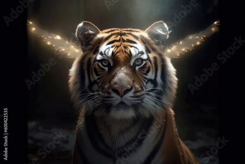 Tiger With Halo And Wings, Dressed Up As Christmas Angel. Generative AI
