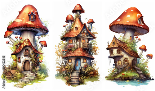 Watercolour fantasy Boletus Toadstool mushroom house. Greeting cards and envelopes artwork project set 12.