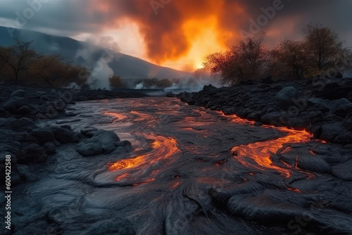 Ash And Gas Eruption, Lava River, Surreal Landscape. Generative AI