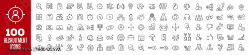 Canvastavla A collection of wireframe vector icons focused on recruitment and hiring, featuring symbols for job search, resumes, interviews, and onboarding